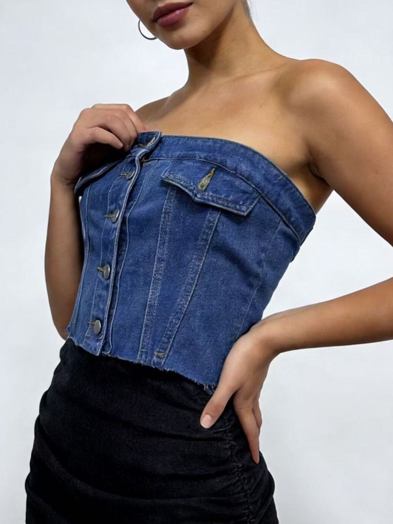 Button Front Denim Tube Top by Trendsi