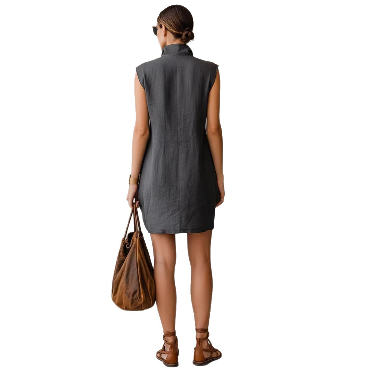 Womens Summer Slimming Sleeveless Stand-Collar Shirt Dress by Royal Closet