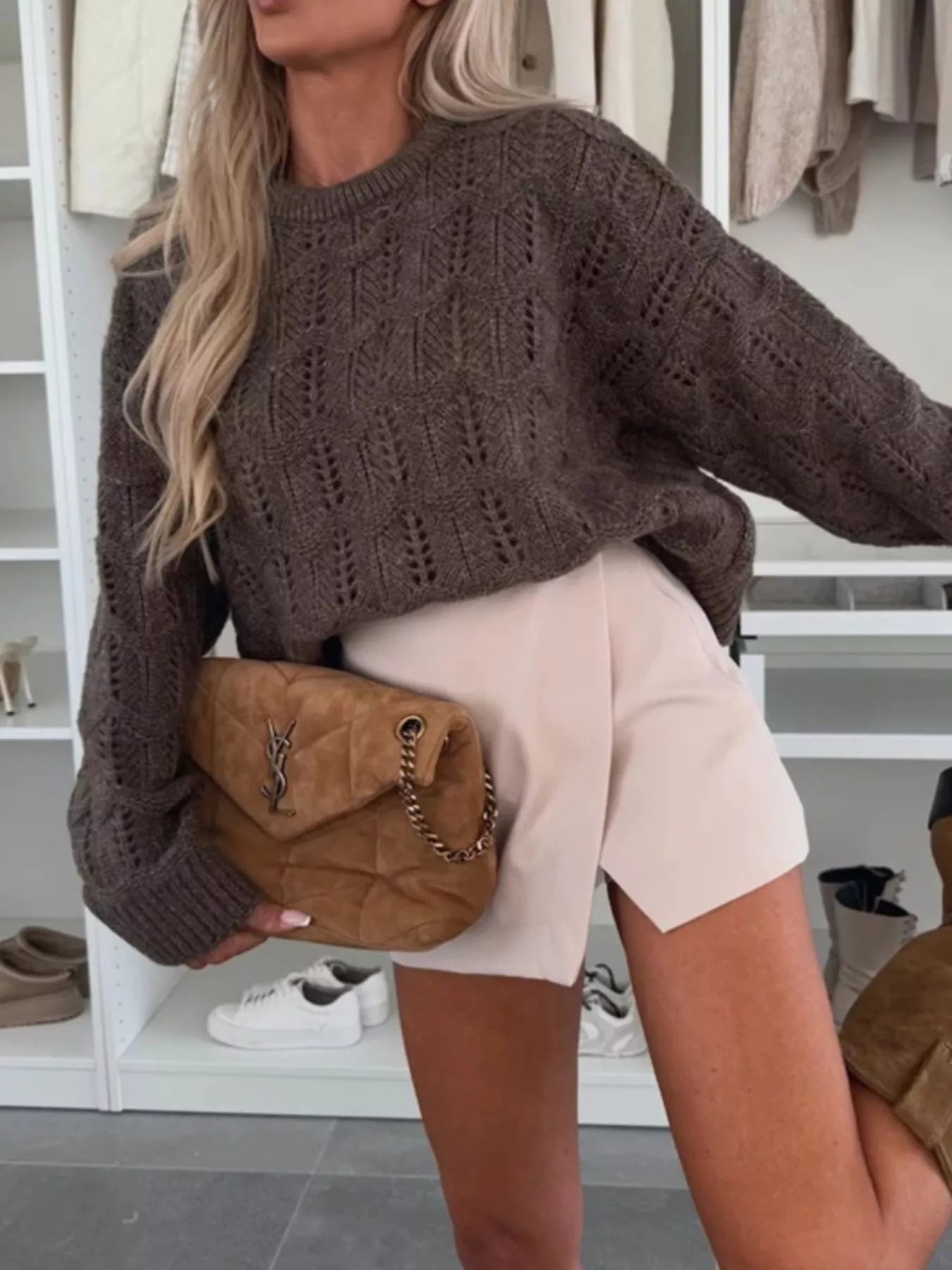 Openwork Round Neck Sweater by Trendsi