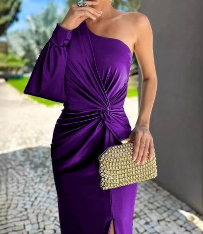 Women's Diagonal Shoulder Knot Split Solid Color Slim Fit Dress by Royal Closet