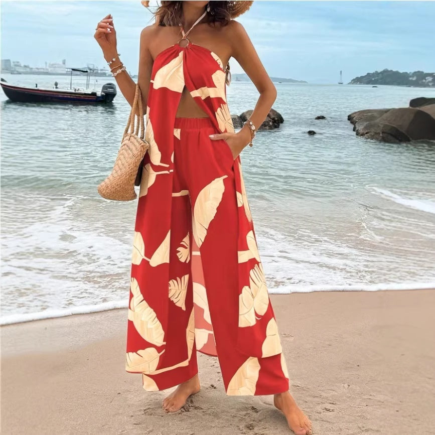 Fashionable Resort-Style Printed Halterneck Slit Jumpsuit With Wide-Leg Pants by Royal Closet
