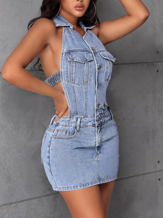 Backless Sleeveless Button Front Denim Mini Dress by Trendsi