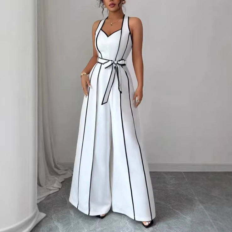Striped Sleeveless V-neck Black-and-white Color-block Wide-leg Jumpsuit by MELI