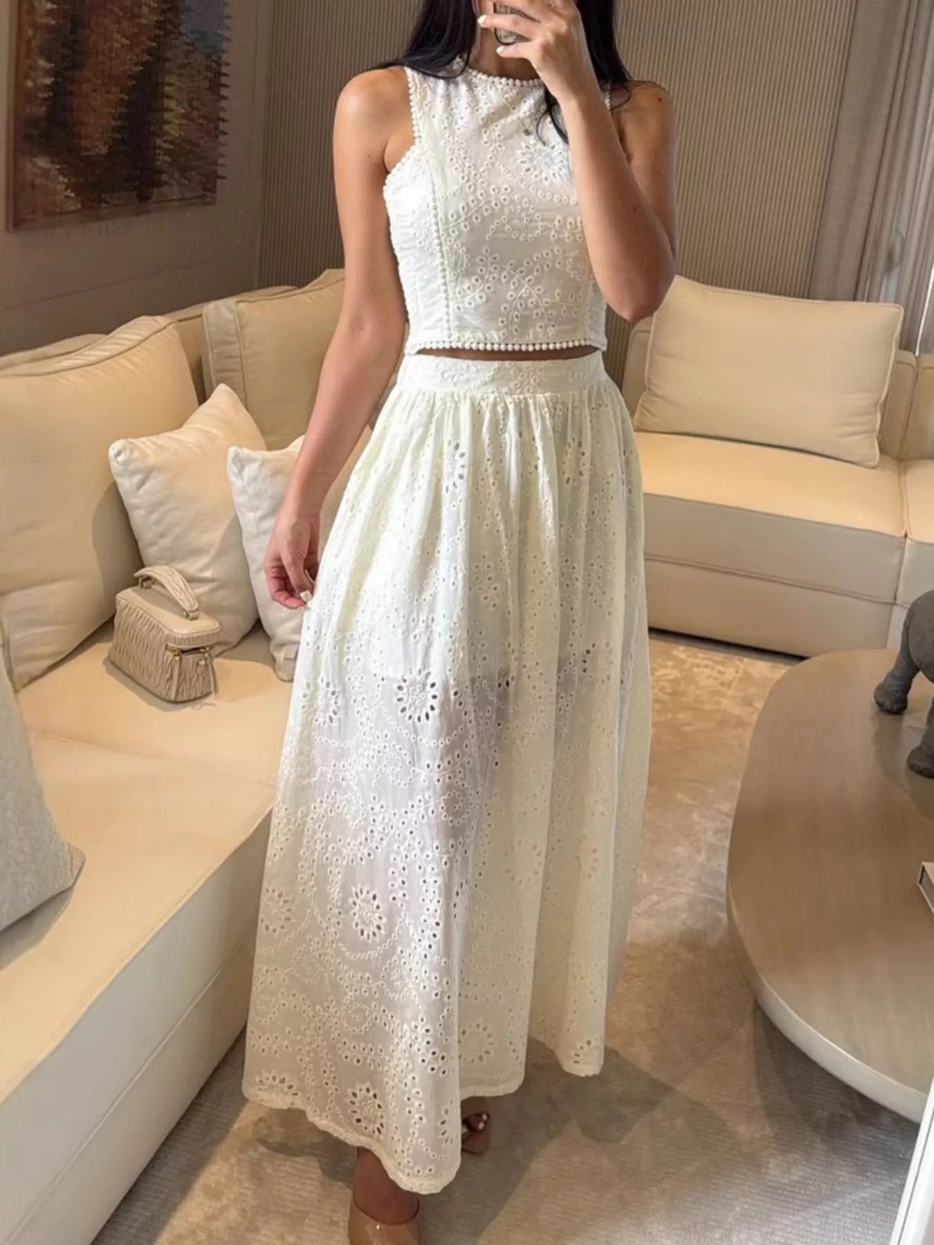 Eyelet Crop Top and Maxi Skirt Set by Trendsi