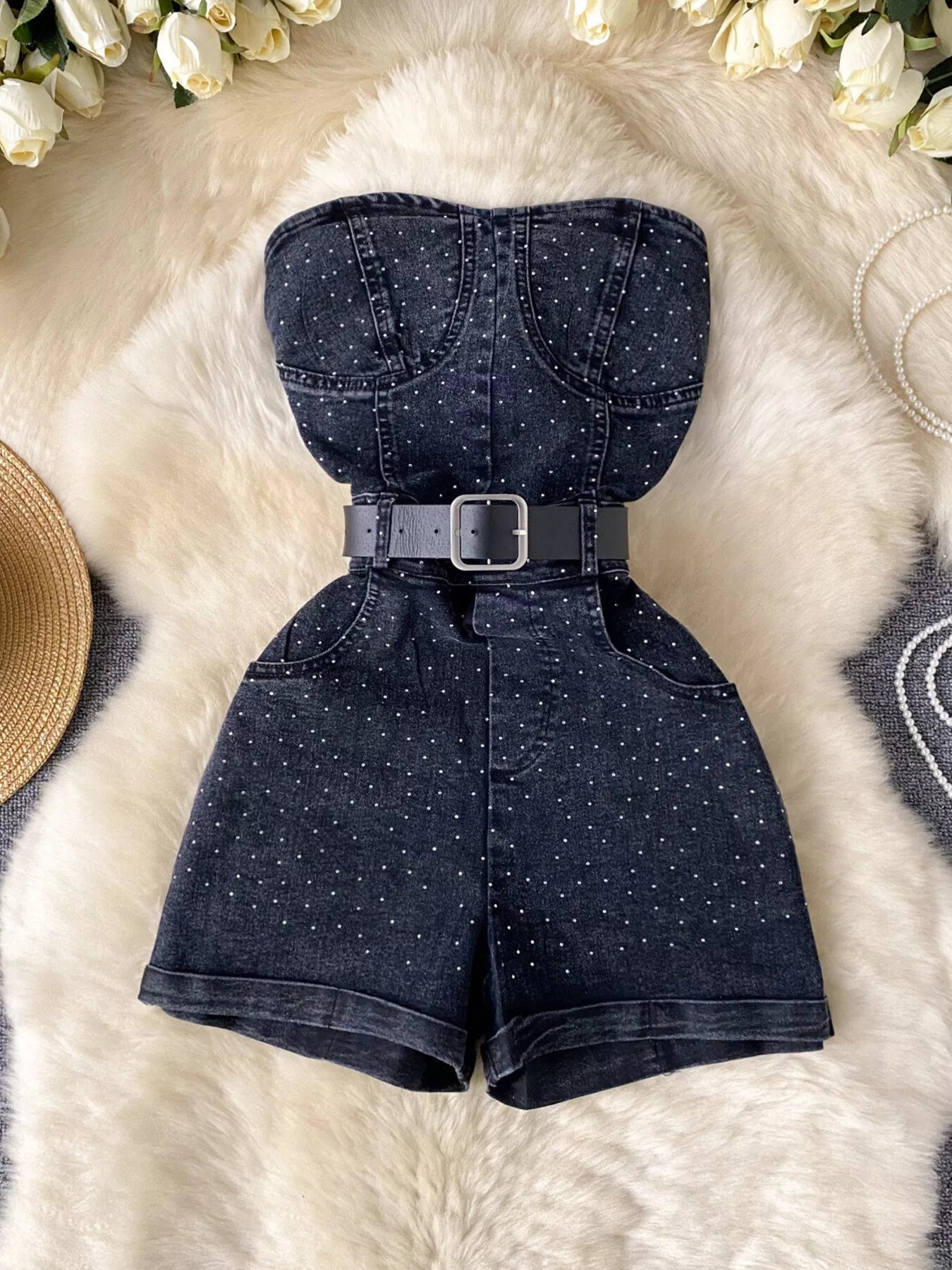 Strapless Denim Romper with Pockets by Trendsi