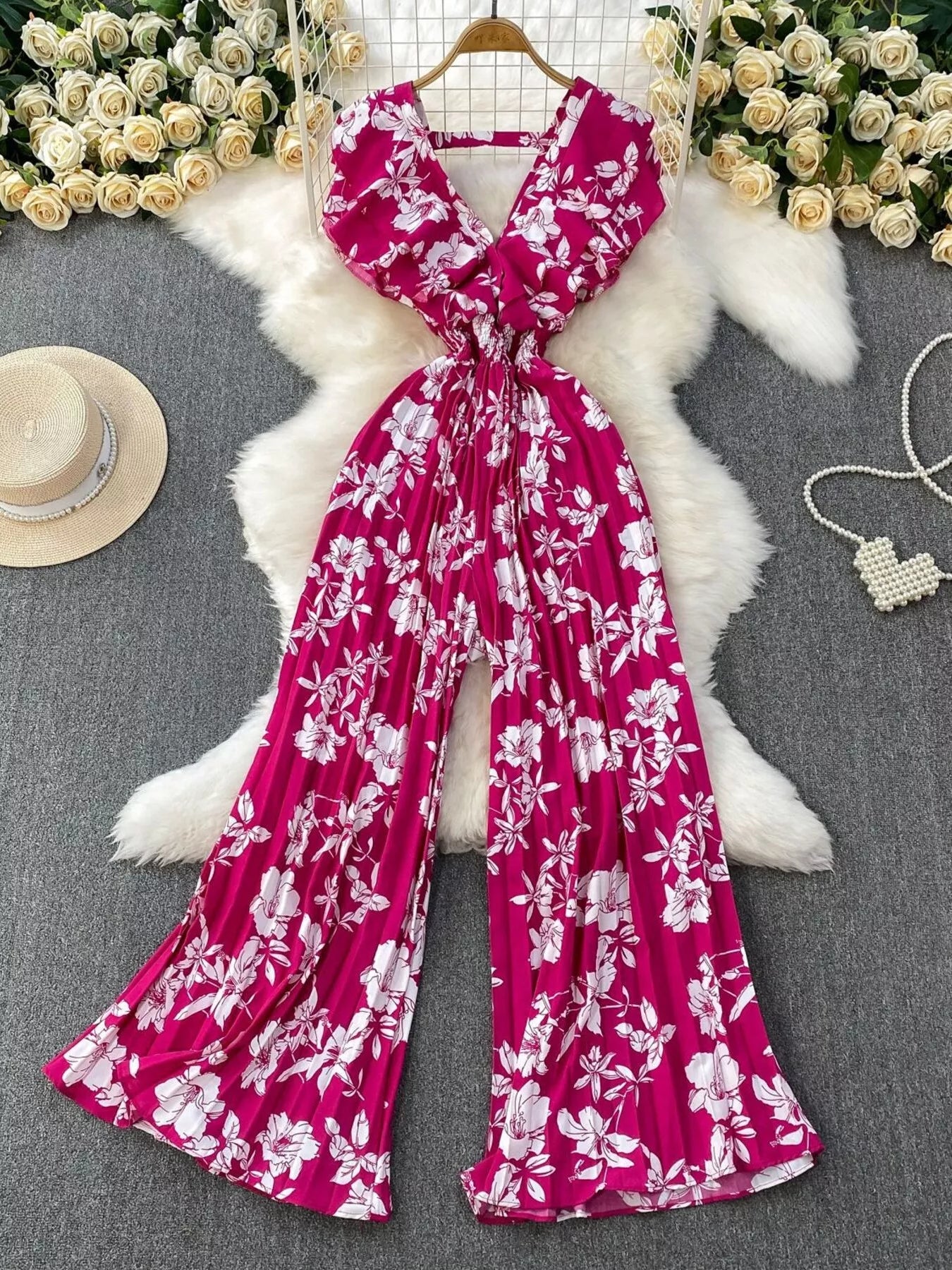 Floral Print Wide Leg Pleated Jumpsuit by Trendsi