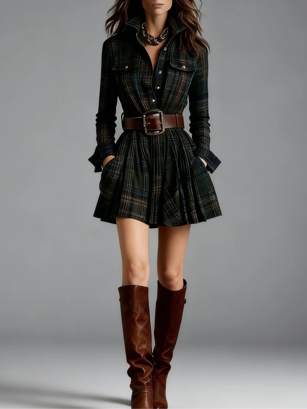 European And American Elegant Plaid Long Sleeve Short Dress Belt by Royal Closet
