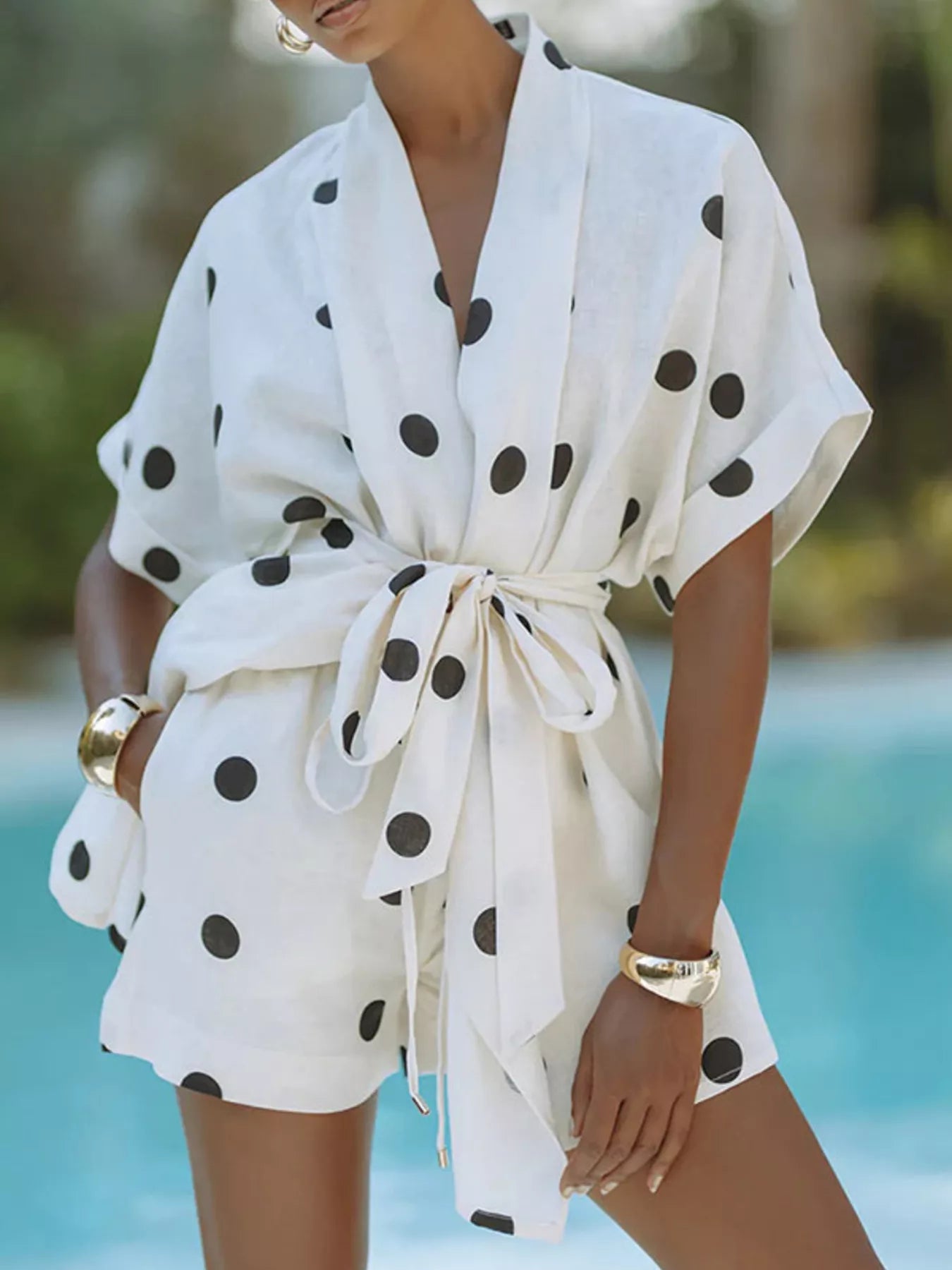 Polka Dot Tie Waist Top and Shorts Set by Trendsi