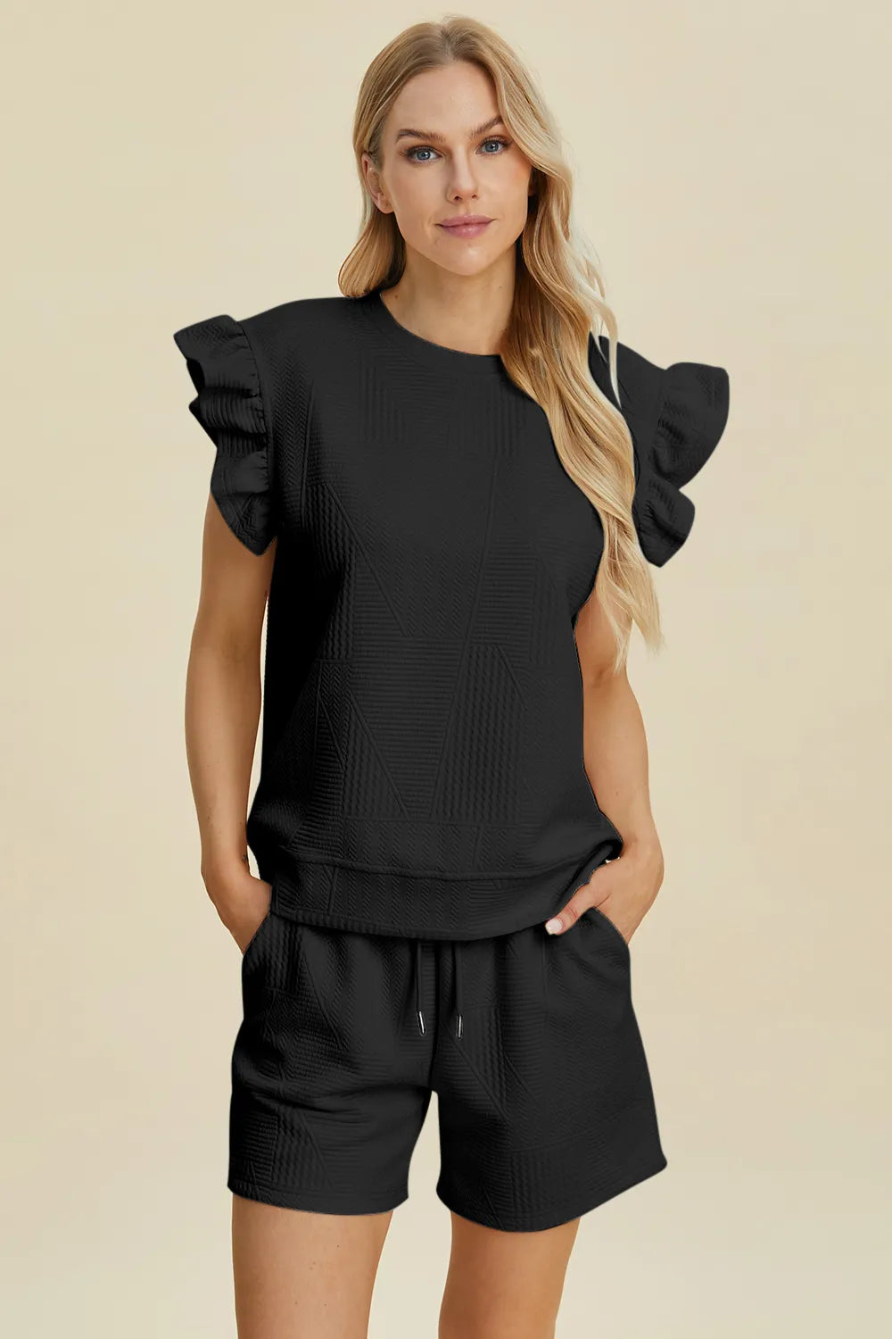 Double Take Full Size Texture Round Neck Ruffle Sleeve Top and Shorts Set by Trendsi