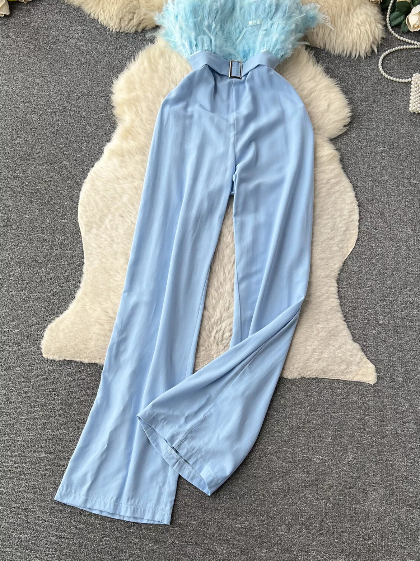 Feather Trim Strapless Wide Leg Jumpsuit by Trendsi