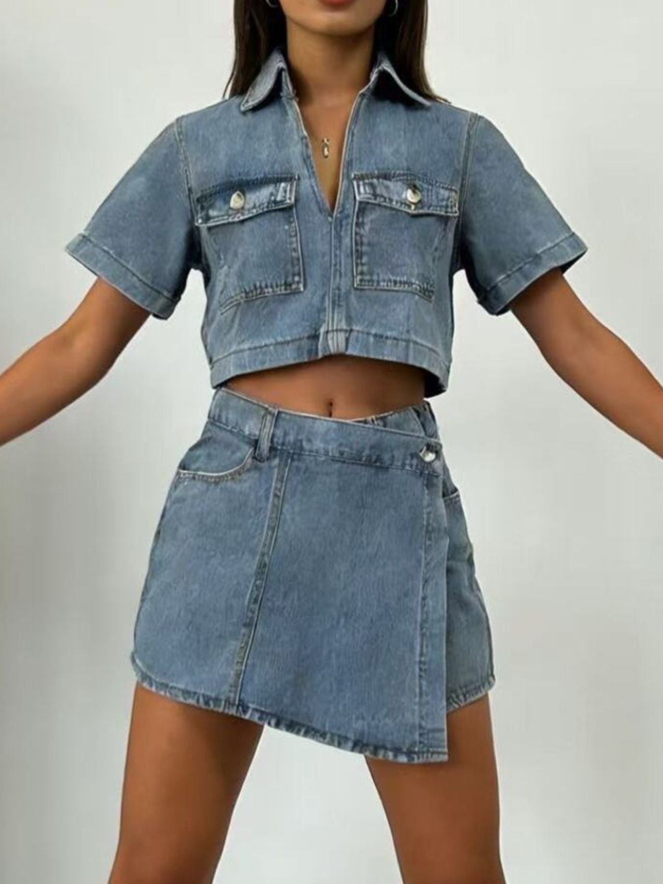 Womens Short Sleeve Cropped Top and Skort Denim Set by Trendsi