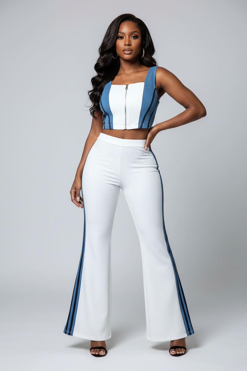 Zip Front Contrast Tank and Side Striped Pants Set by Trendsi