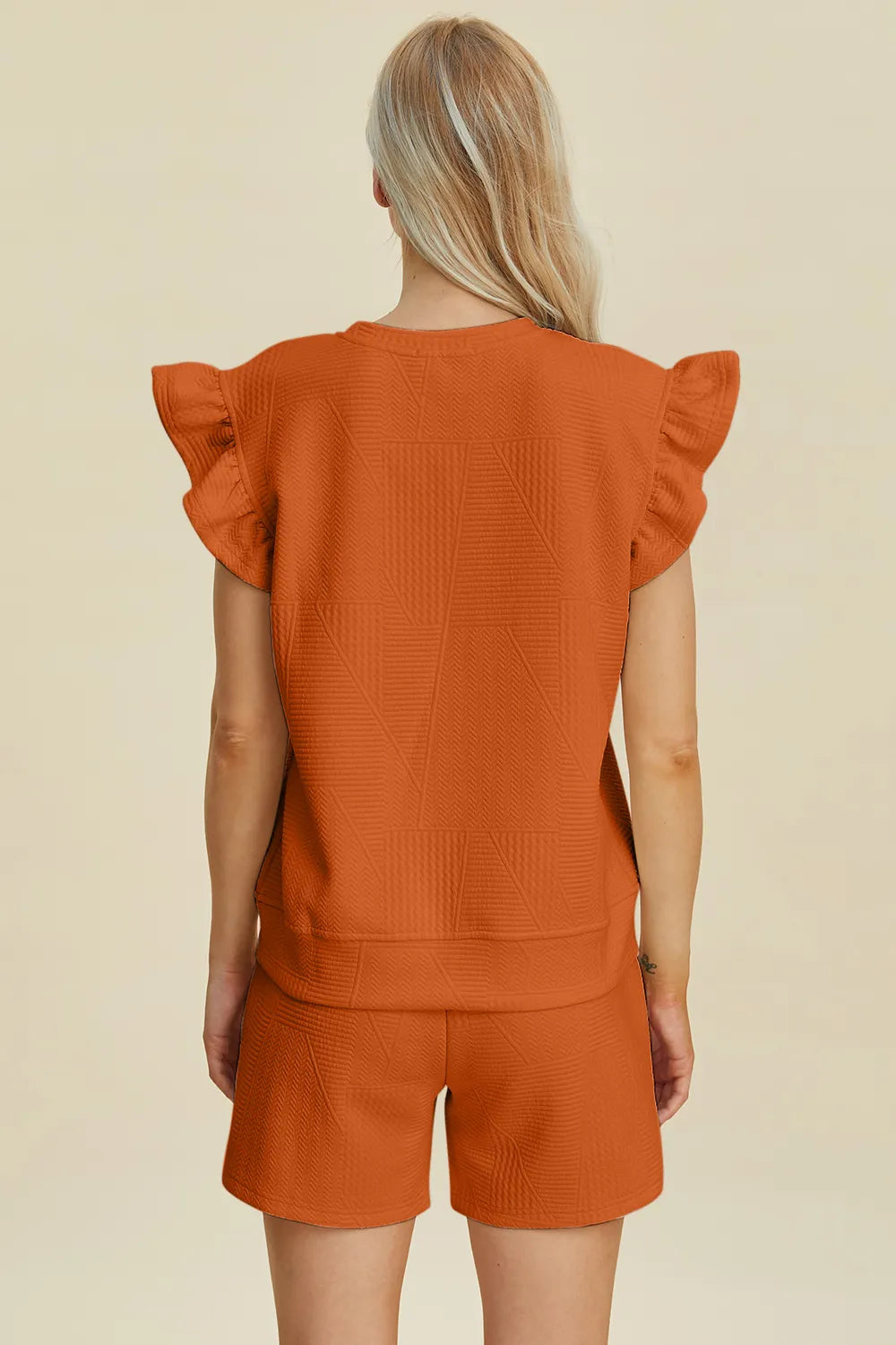 Double Take Full Size Texture Round Neck Ruffle Sleeve Top and Shorts Set by Trendsi
