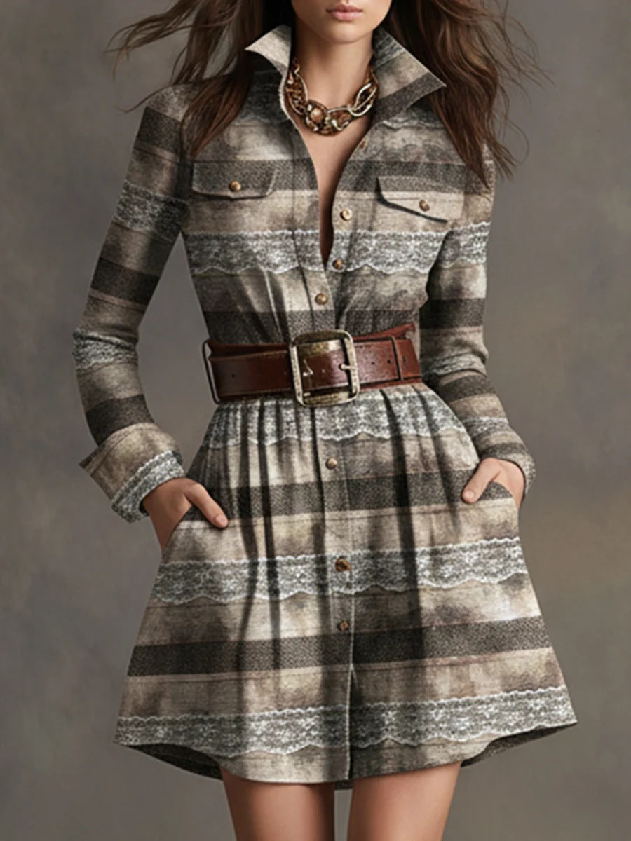 European And American Elegant Plaid Long Sleeve Short Dress Belt by Royal Closet