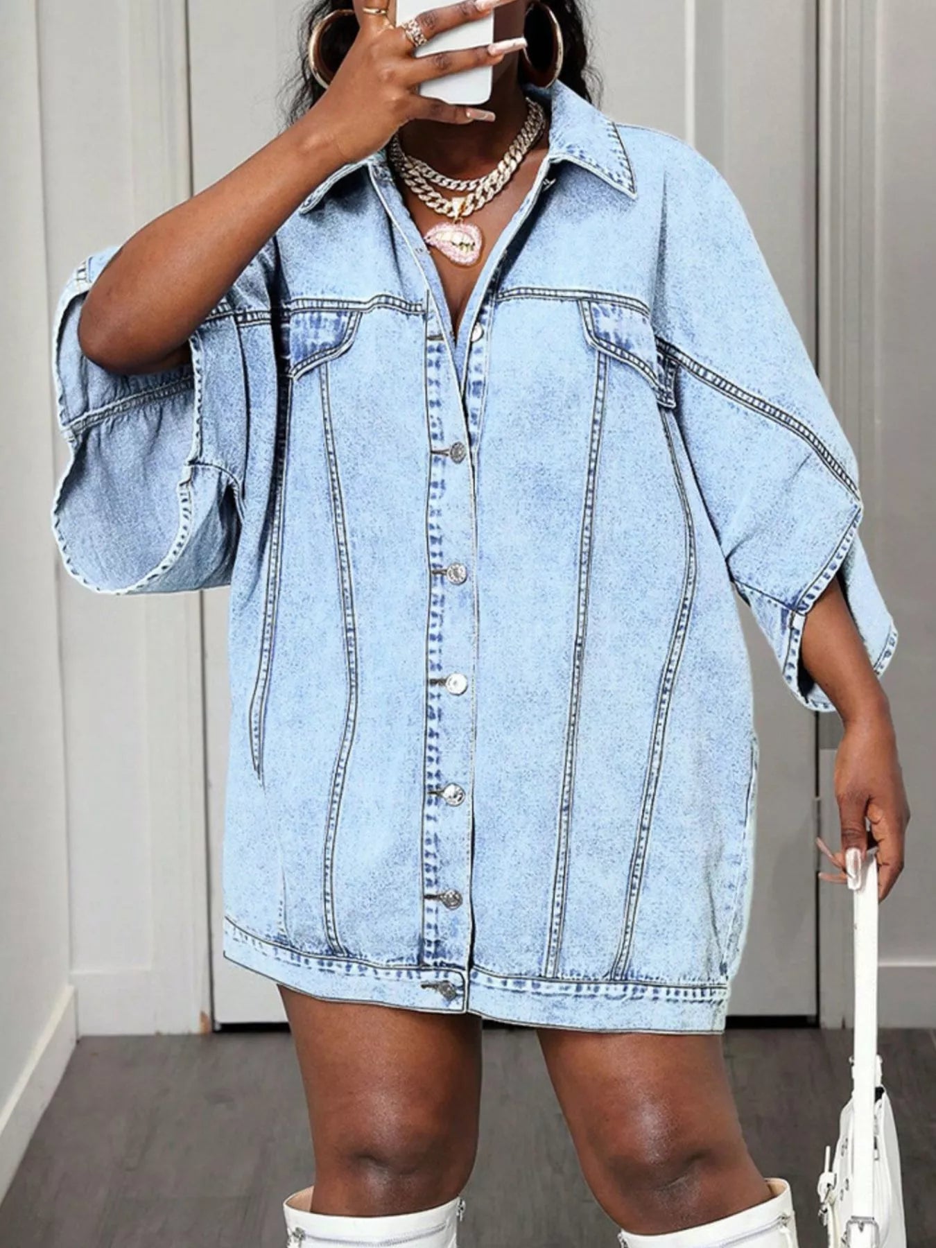 Oversized Batwing Sleeve Denim Top by Trendsi