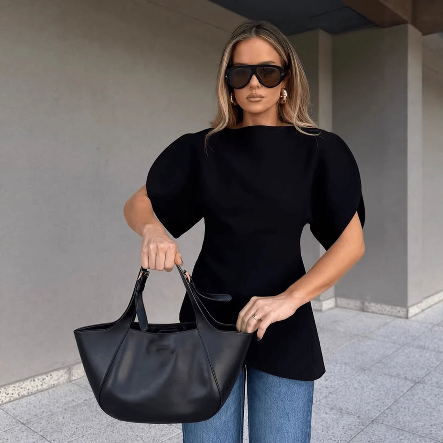 Slim-fit Crewneck Top With Puff Sleeves by Royal Closet