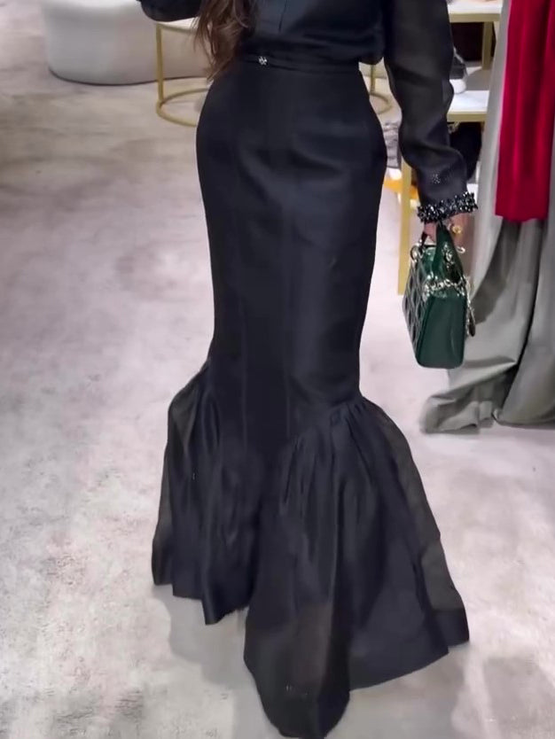 Black Structured Organza Mermaid Maxi Skirt by Royal Closet