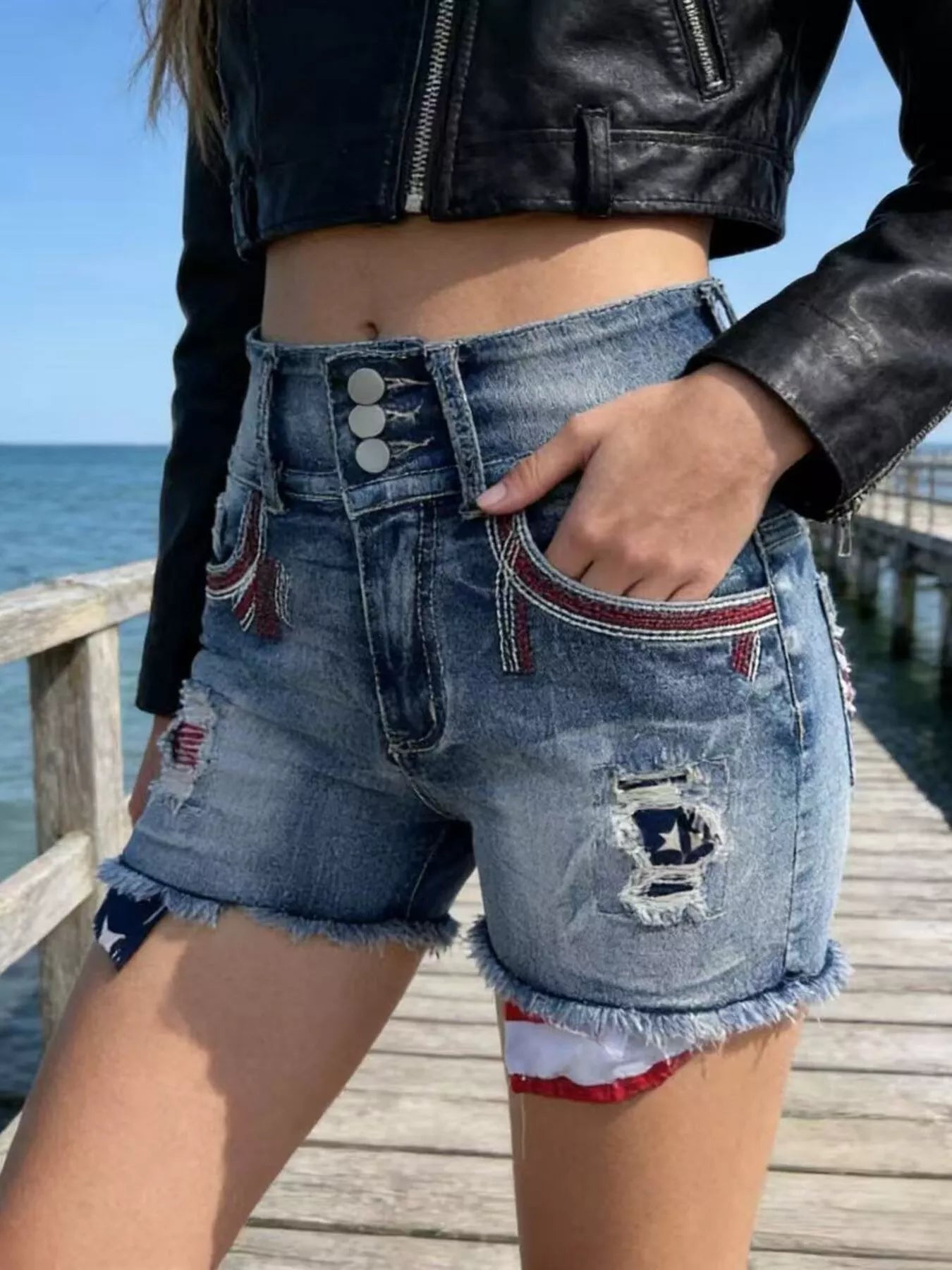 American Flag Distressed Denim Shorts by Trendsi
