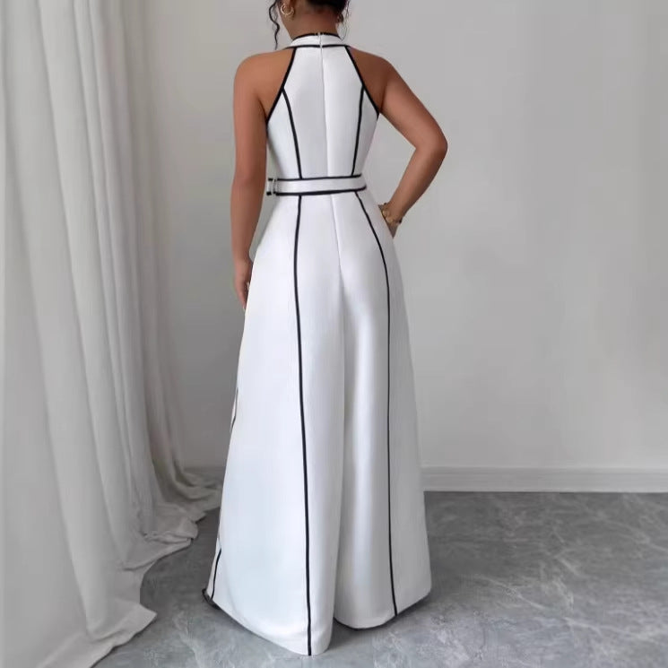 Striped Sleeveless V-neck Black-and-white Color-block Wide-leg Jumpsuit by MELI