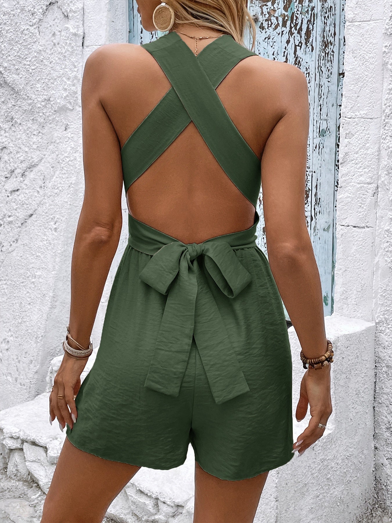 Crisscross Back Sleeveless Romper by Trendsi