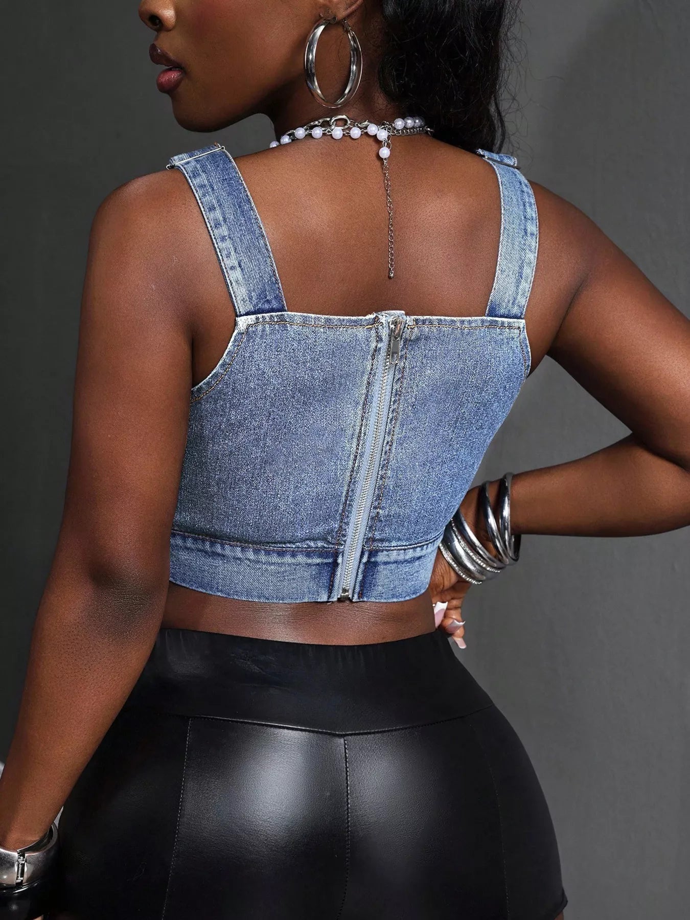 Cropped Denim Top with Adjustable Straps by Trendsi