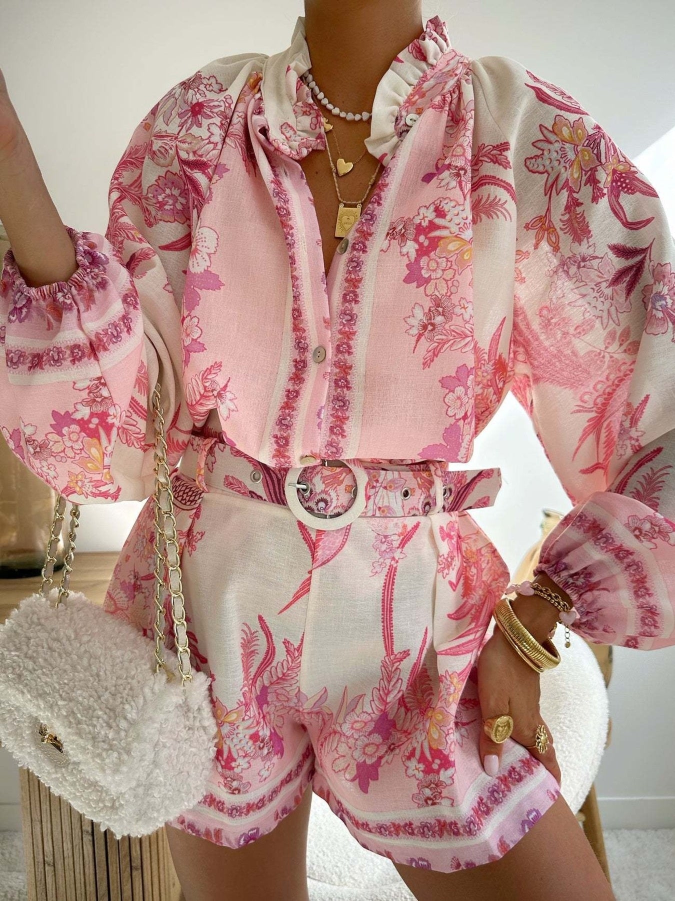 Womens Floral Print Button Up Shirt and Shorts Set by Trendsi