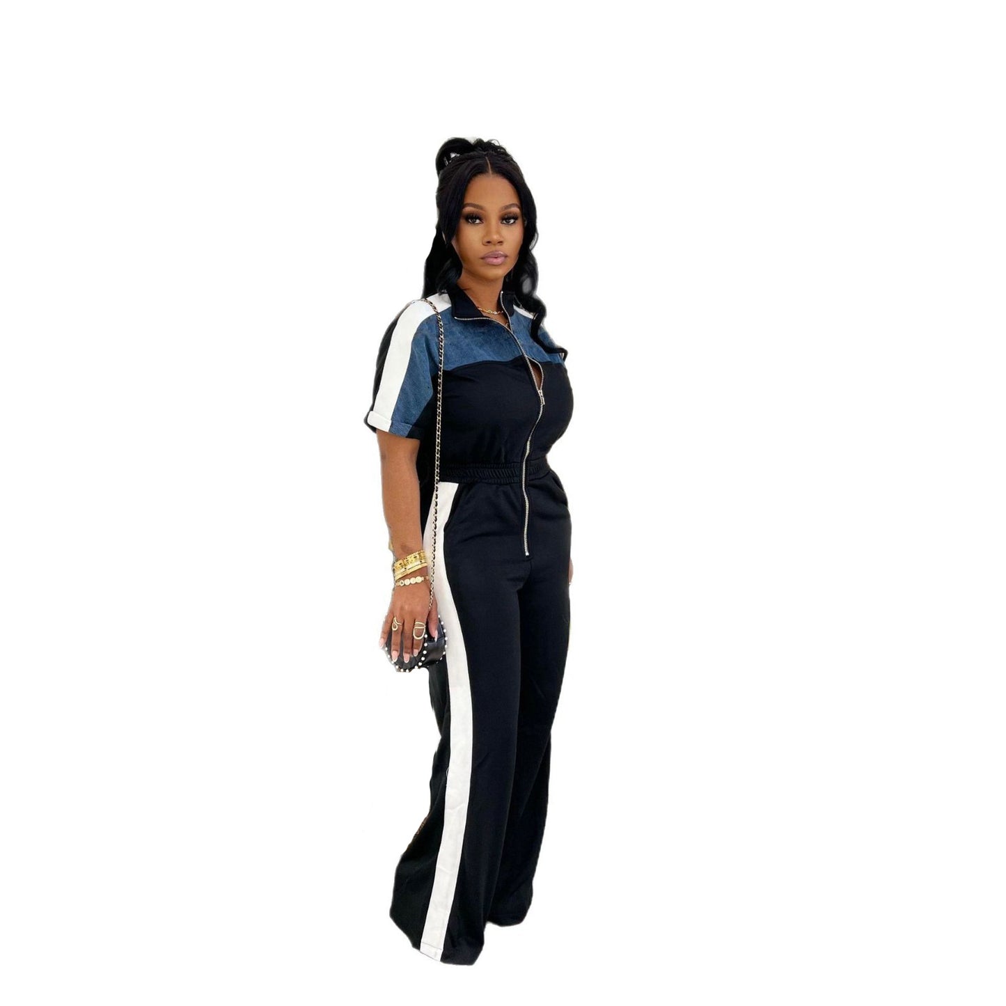 Stand-up Collar Short-sleeve Full-zip One-piece Pants by Royal Closet