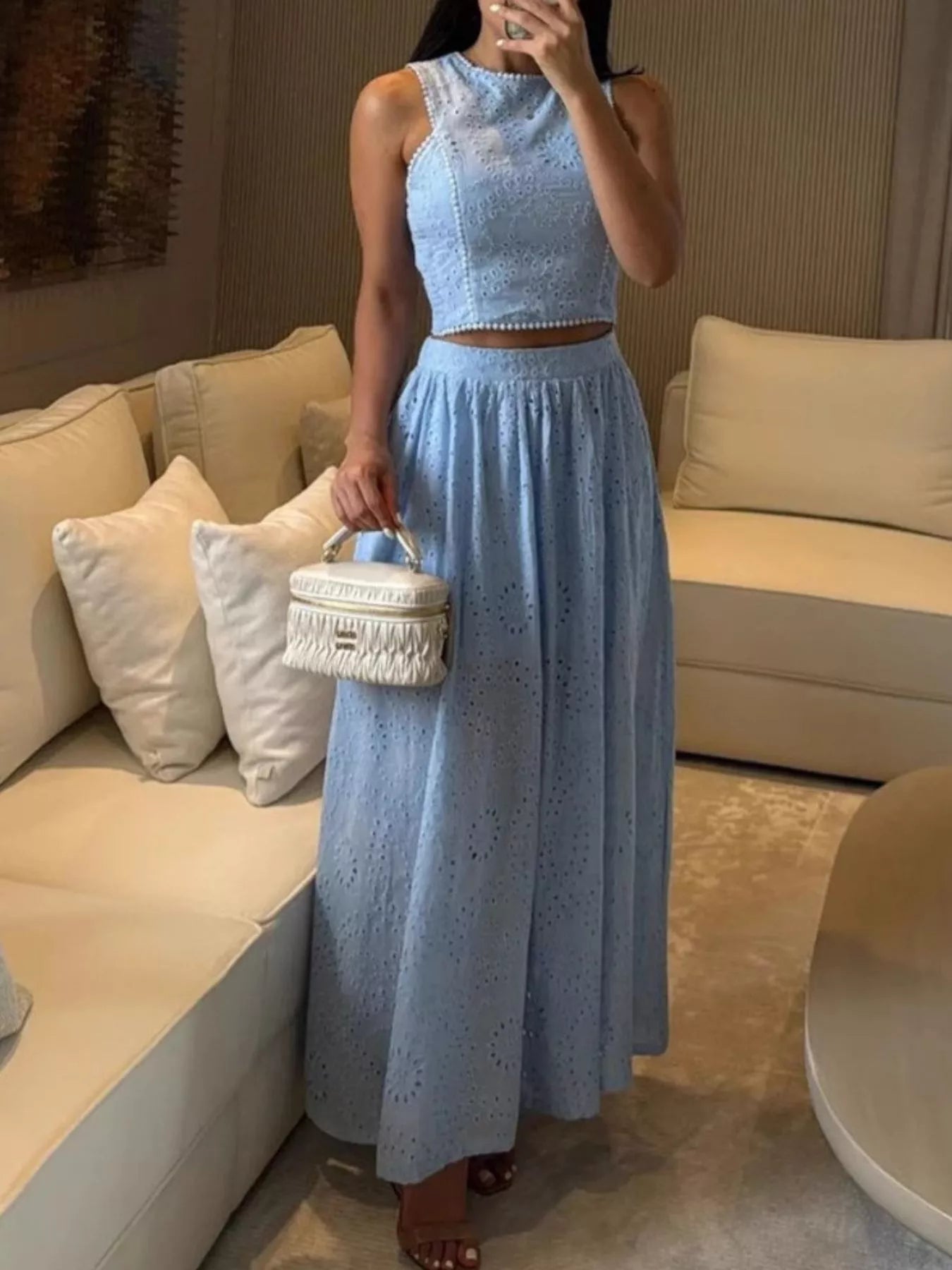 Eyelet Crop Top and Maxi Skirt Set by Trendsi