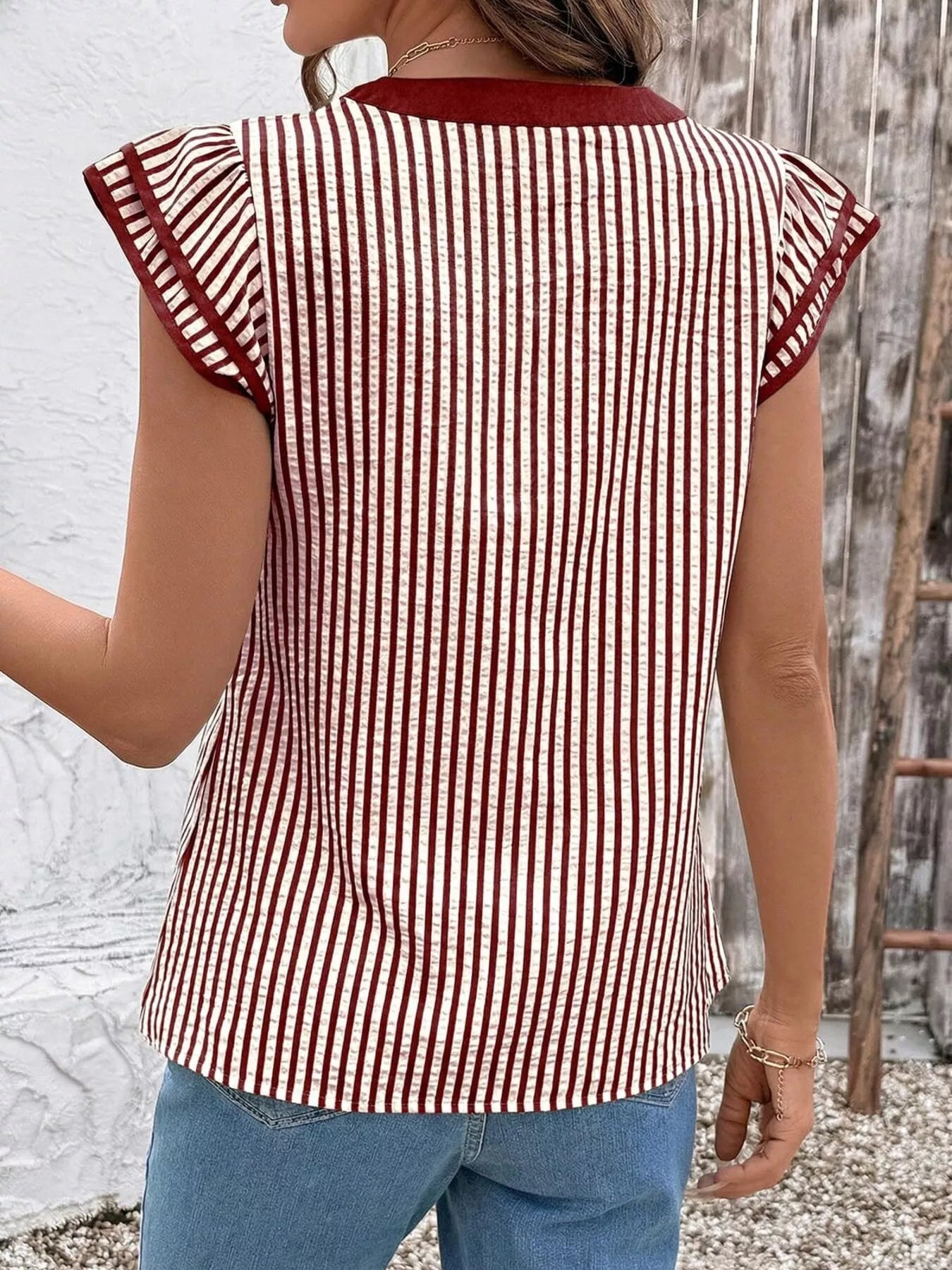 Striped Ruffle Sleeve Blouse by Trendsi