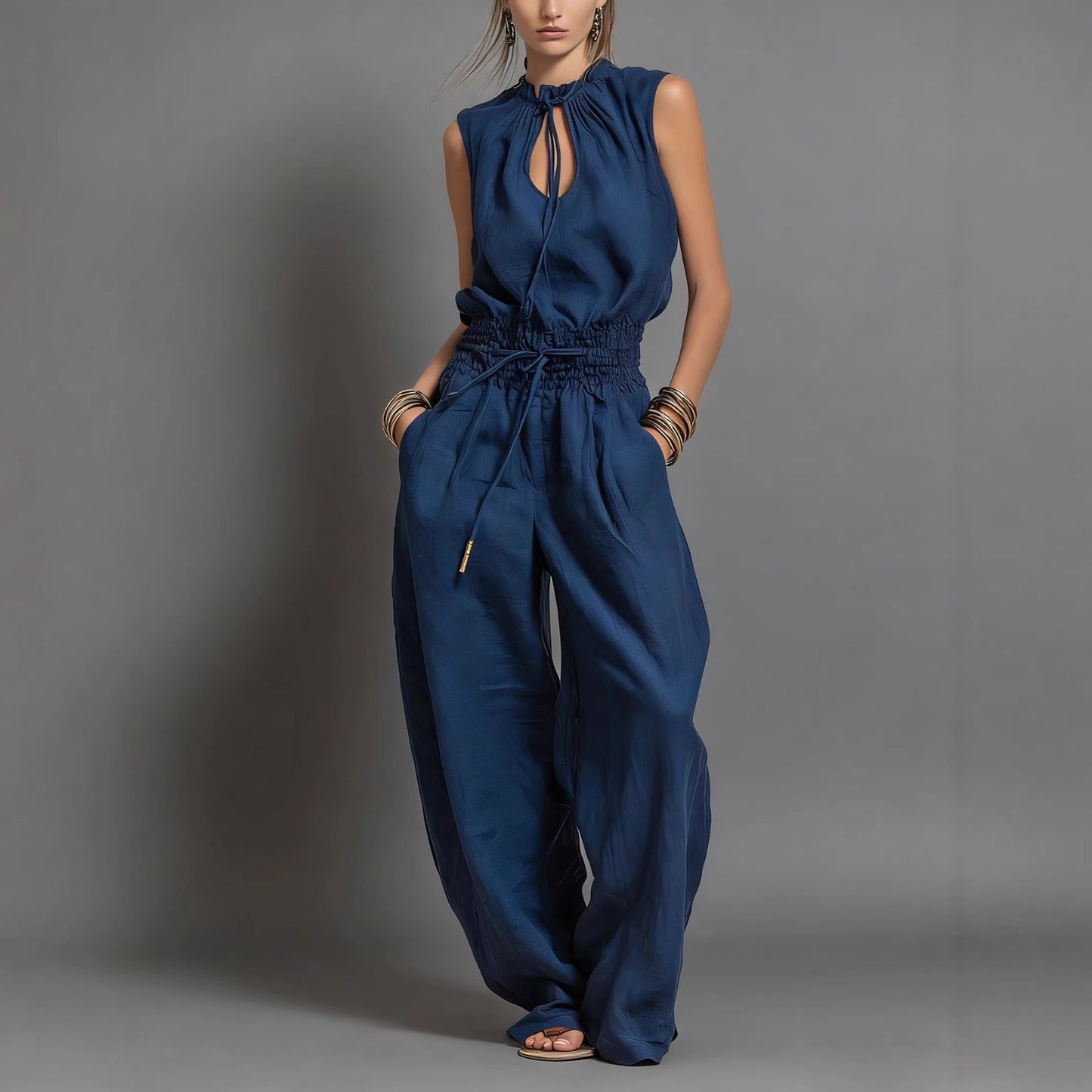 Womens Waist-Cinching Wide-leg Jumpsuit by Royal Closet