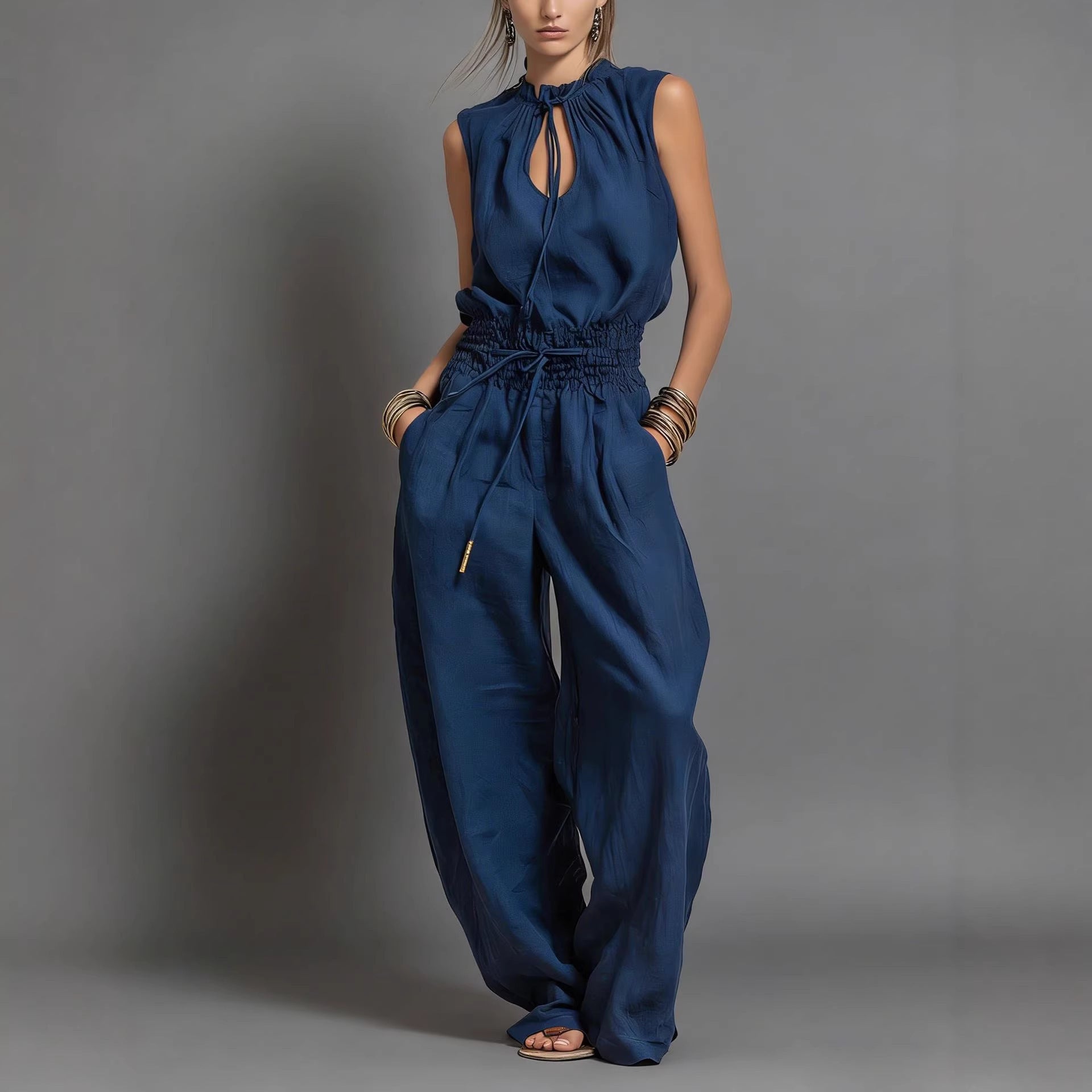 Womens Waist-Cinching Wide-leg Jumpsuit by Royal Closet