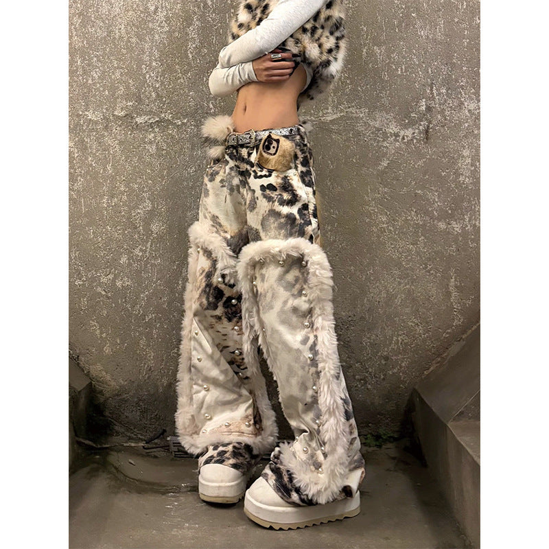 Womens American-Style Retro Leopard-Print Plush-Patchwork Denim Jeans by Royal Closet