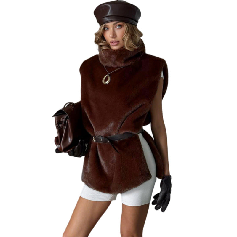 Fashionable Solid-Color Turtleneck Fleece Vest Sleeveless Jacket by Royal Closet
