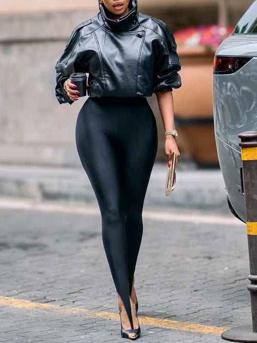 Black Lychee Grain Faux Leather Stand Collar Puff Sleeve Cropped Jacket by Royal Closet
