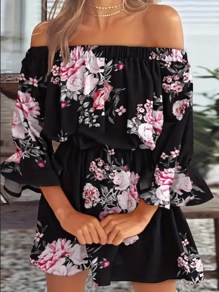 Boho Leaf Graphic Print Off Shoulder Dress, Sexy Backless Ruffle Sleeve Dress For Spring & Summer, Women's Clothing by Royal Closet