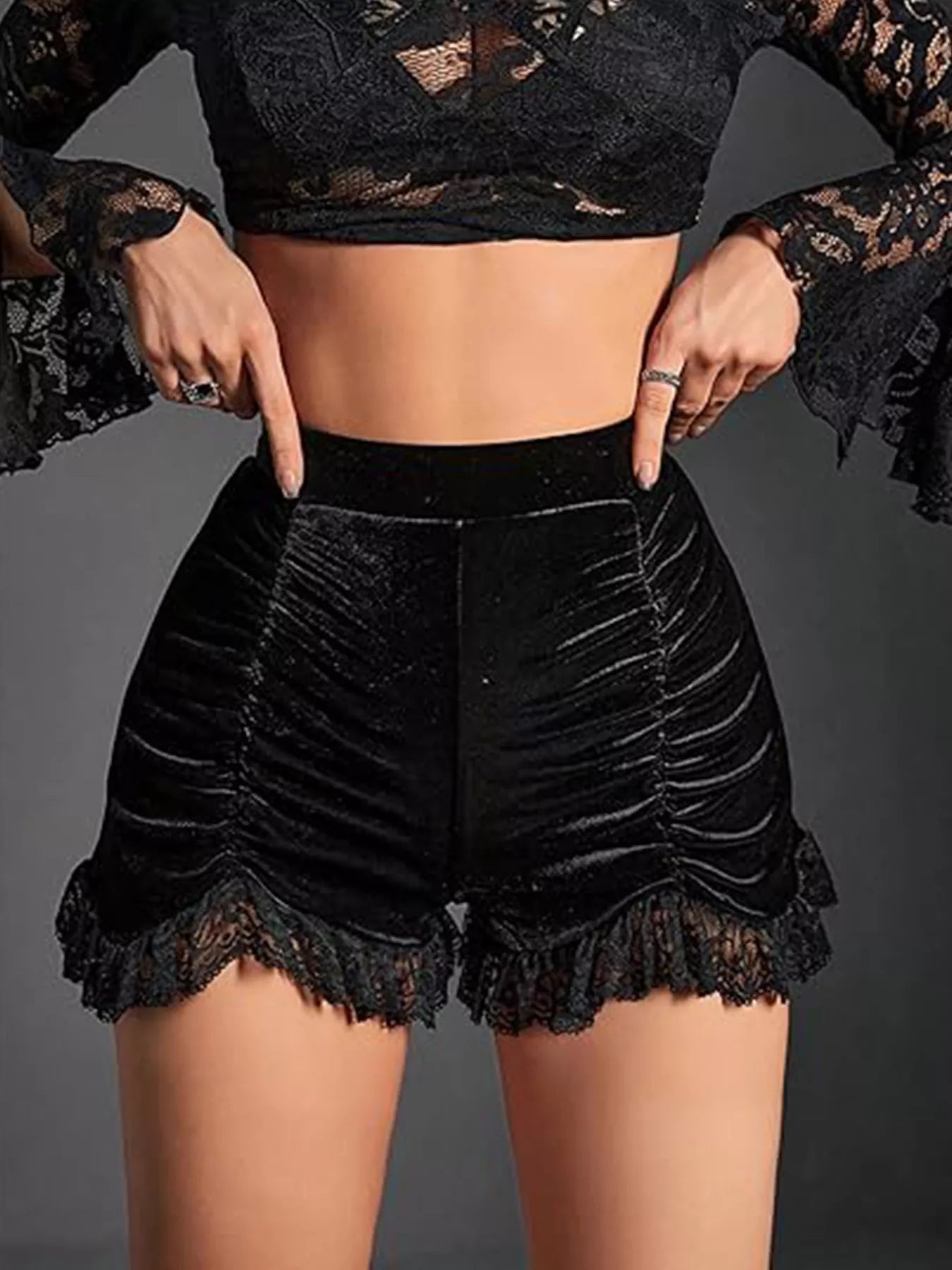 Ruched Lace Trim Shorts by Trendsi
