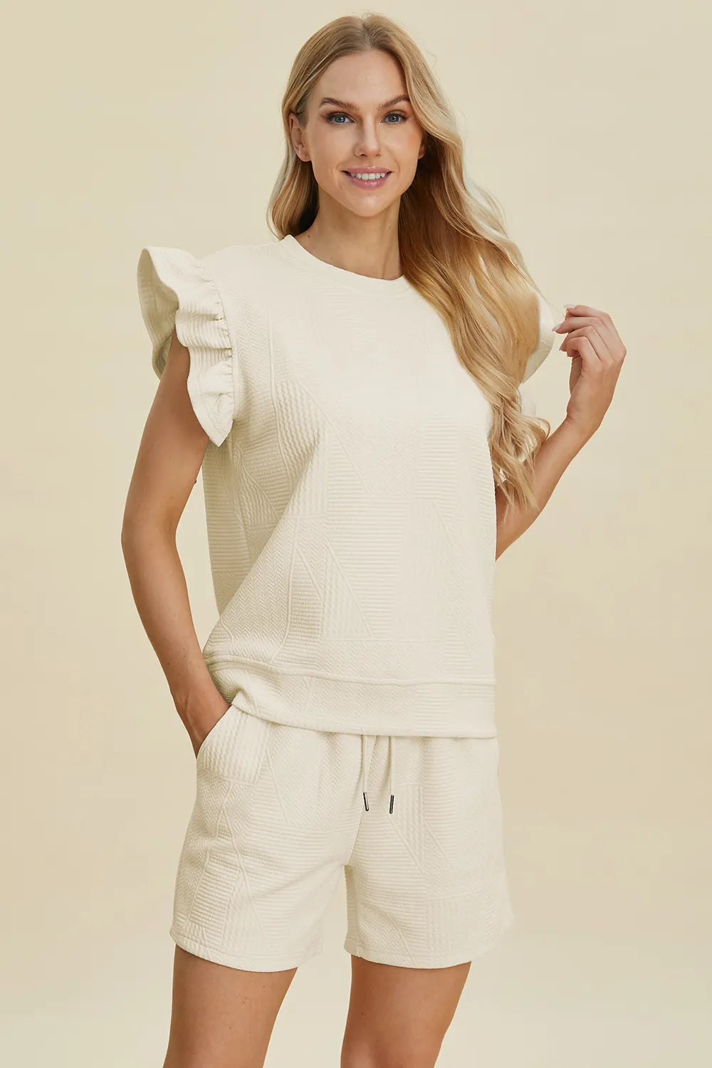 Double Take Full Size Texture Round Neck Ruffle Sleeve Top and Shorts Set by Trendsi