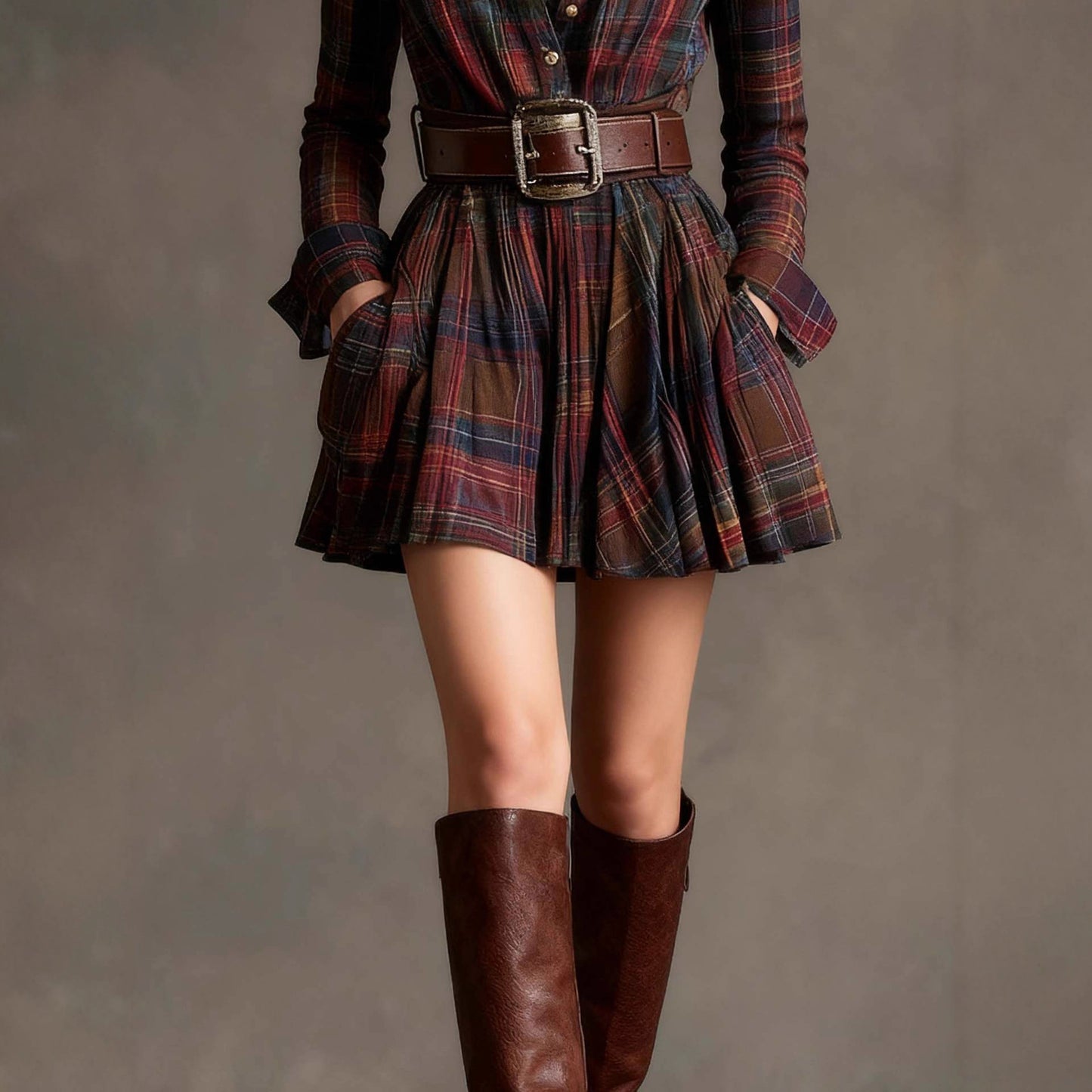 European And American Elegant Plaid Long Sleeve Short Dress Belt by Royal Closet