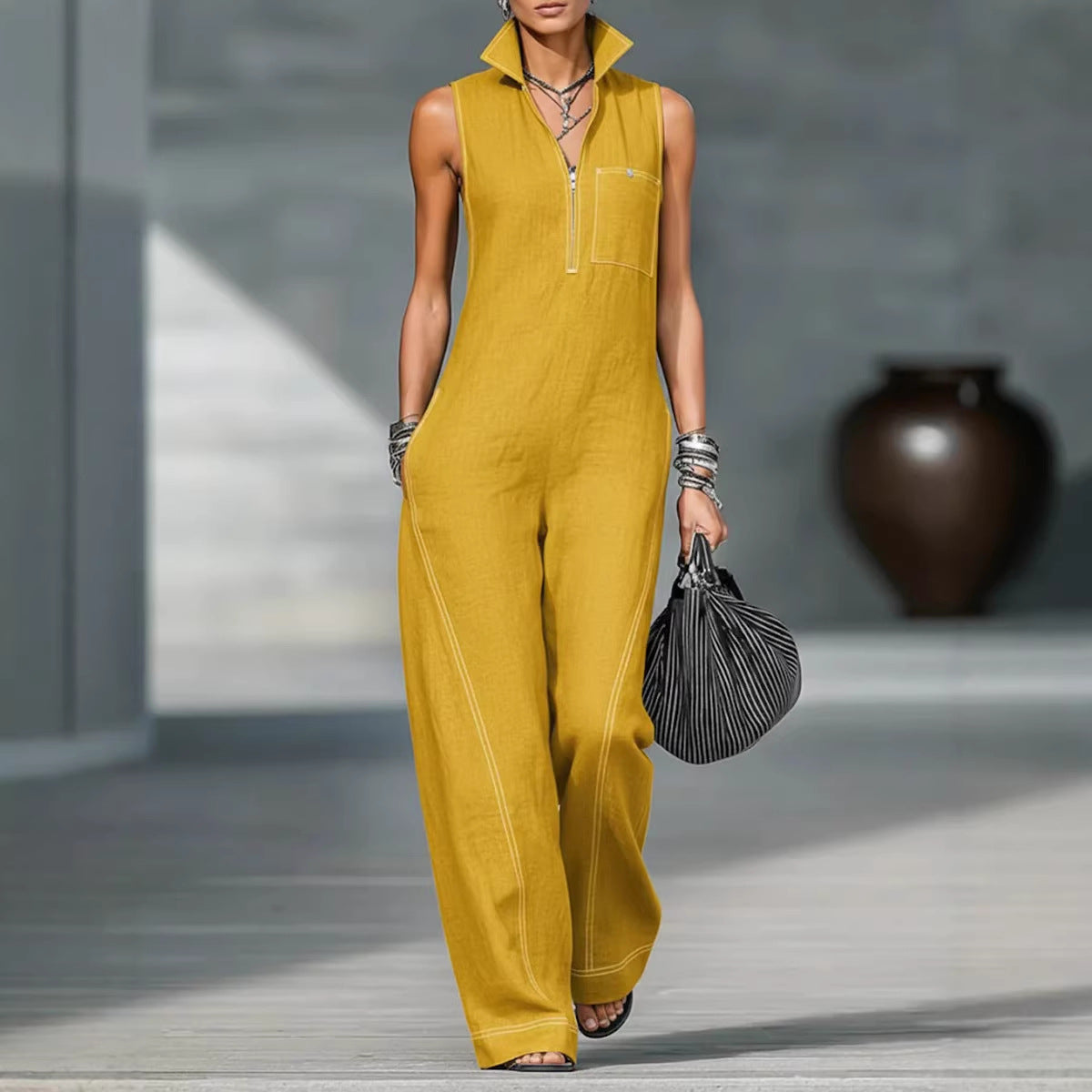 Stand-up Collar Jumpsuit With Pockets Summer Fashion Casual Sleeveless Jumpsuit Trousers Women's Clothing by Royal Closet