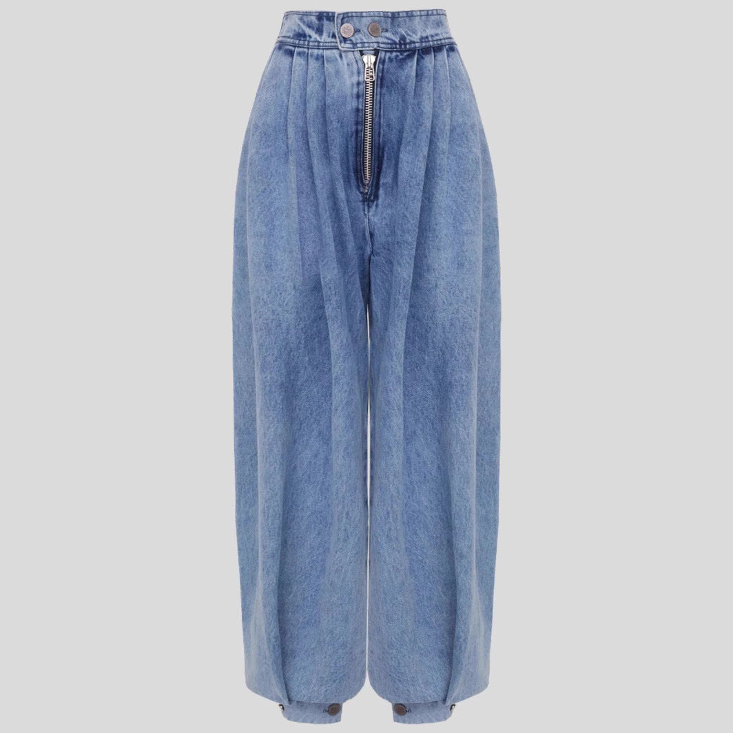 High Waist Zipper Denim Loose Harem Pants by Royal Closet