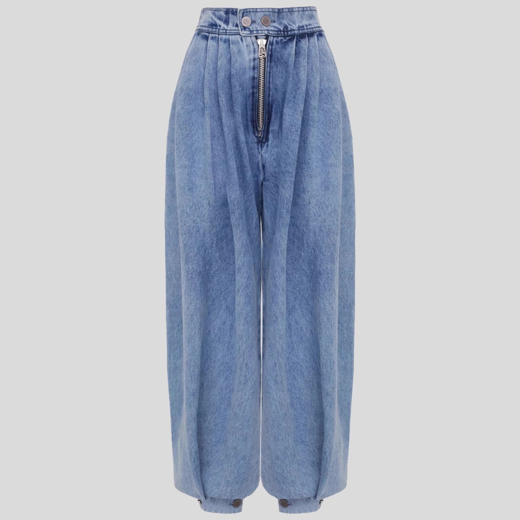 High Waist Zipper Denim Loose Harem Pants by Royal Closet