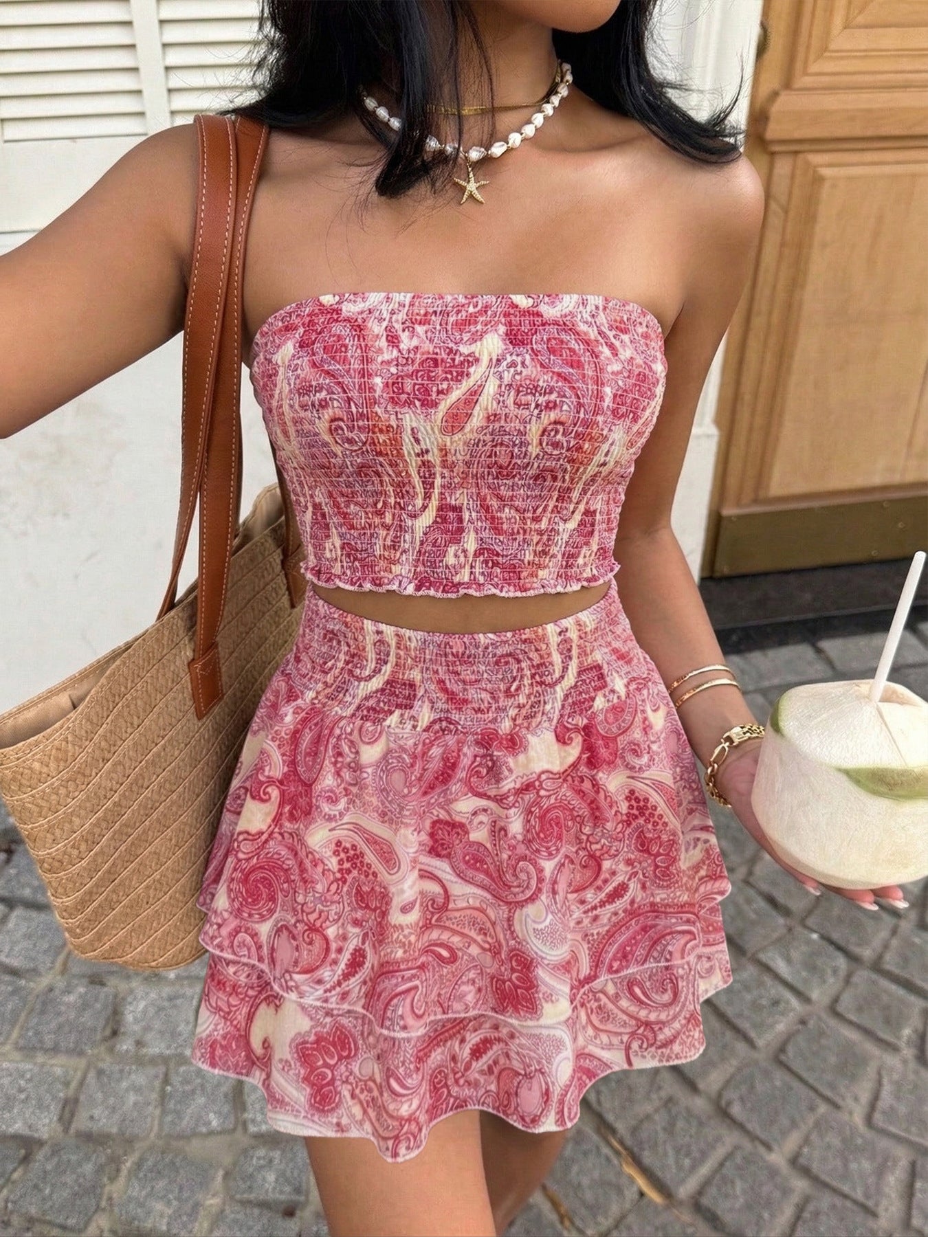 Womens Paisley Print Tube Top and Ruffle Mini Skirt Set by Trendsi