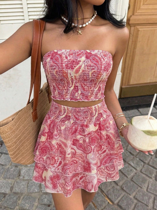 Womens Paisley Print Tube Top and Ruffle Mini Skirt Set by Trendsi