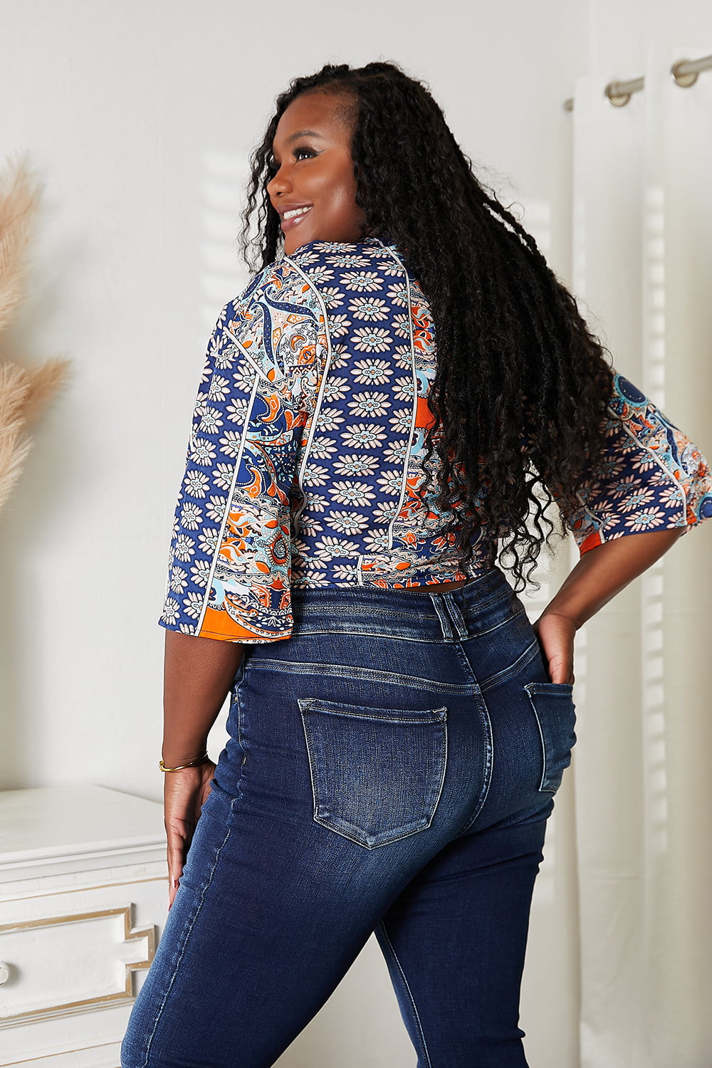 Tie Hem V-Neck Three-Quarter Sleeve Blouse by Trendsi