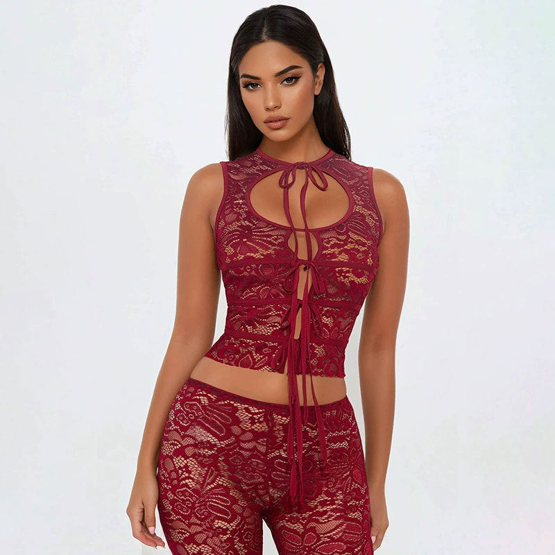 Womens Lace-spliced Backless Top And Shorts Set For Women by Royal Closet