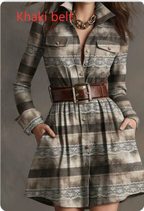 European And American Elegant Plaid Long Sleeve Short Dress Belt by Royal Closet