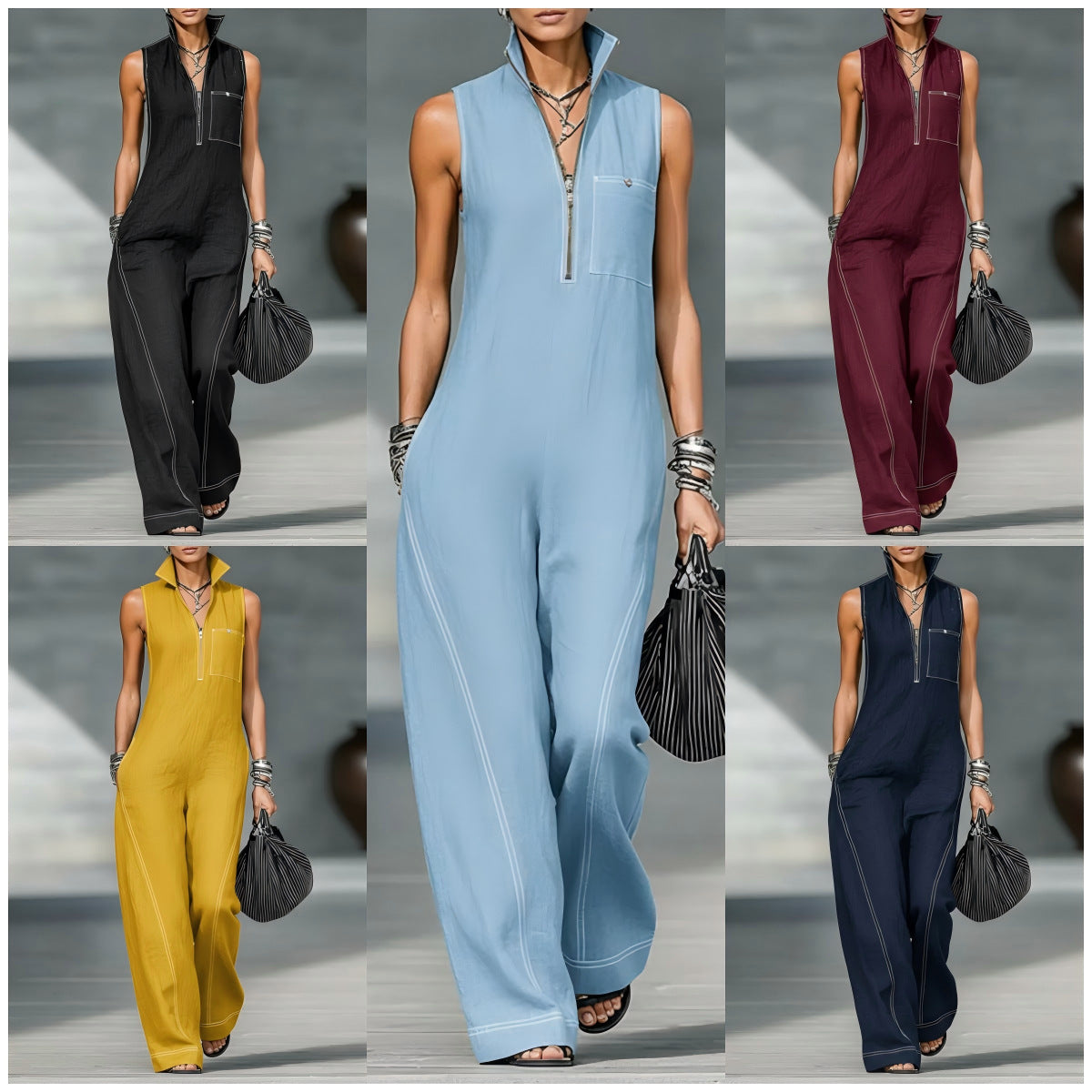 Stand-up Collar Jumpsuit With Pockets Summer Fashion Casual Sleeveless Jumpsuit Trousers Women's Clothing by Royal Closet