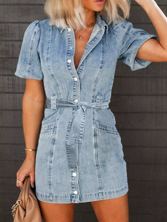 Puff Sleeve Button Up Mini Denim Dress by Trendsi