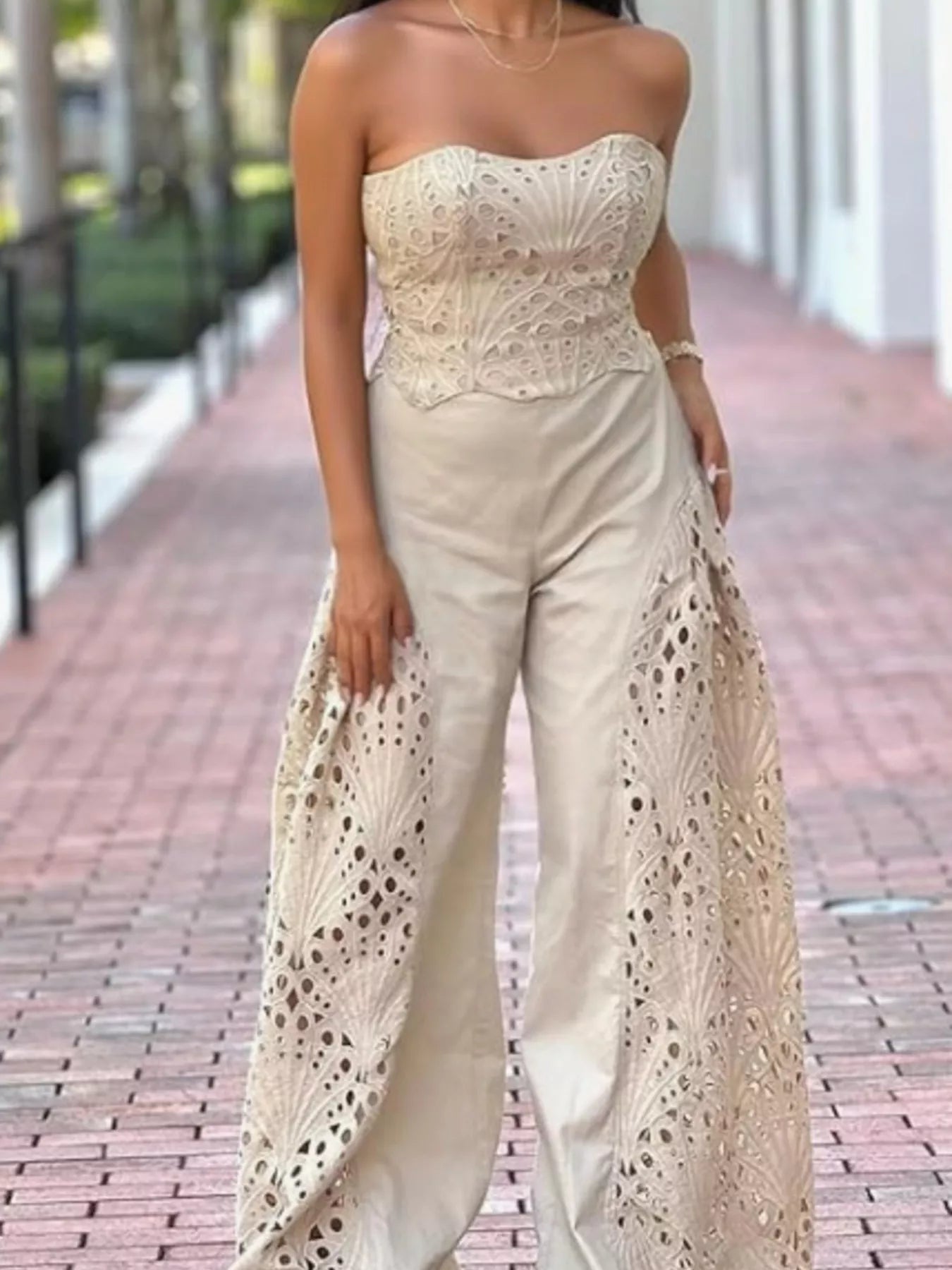 Hollow-Out Tube Top and Pants Two-Piece Set by Trendsi