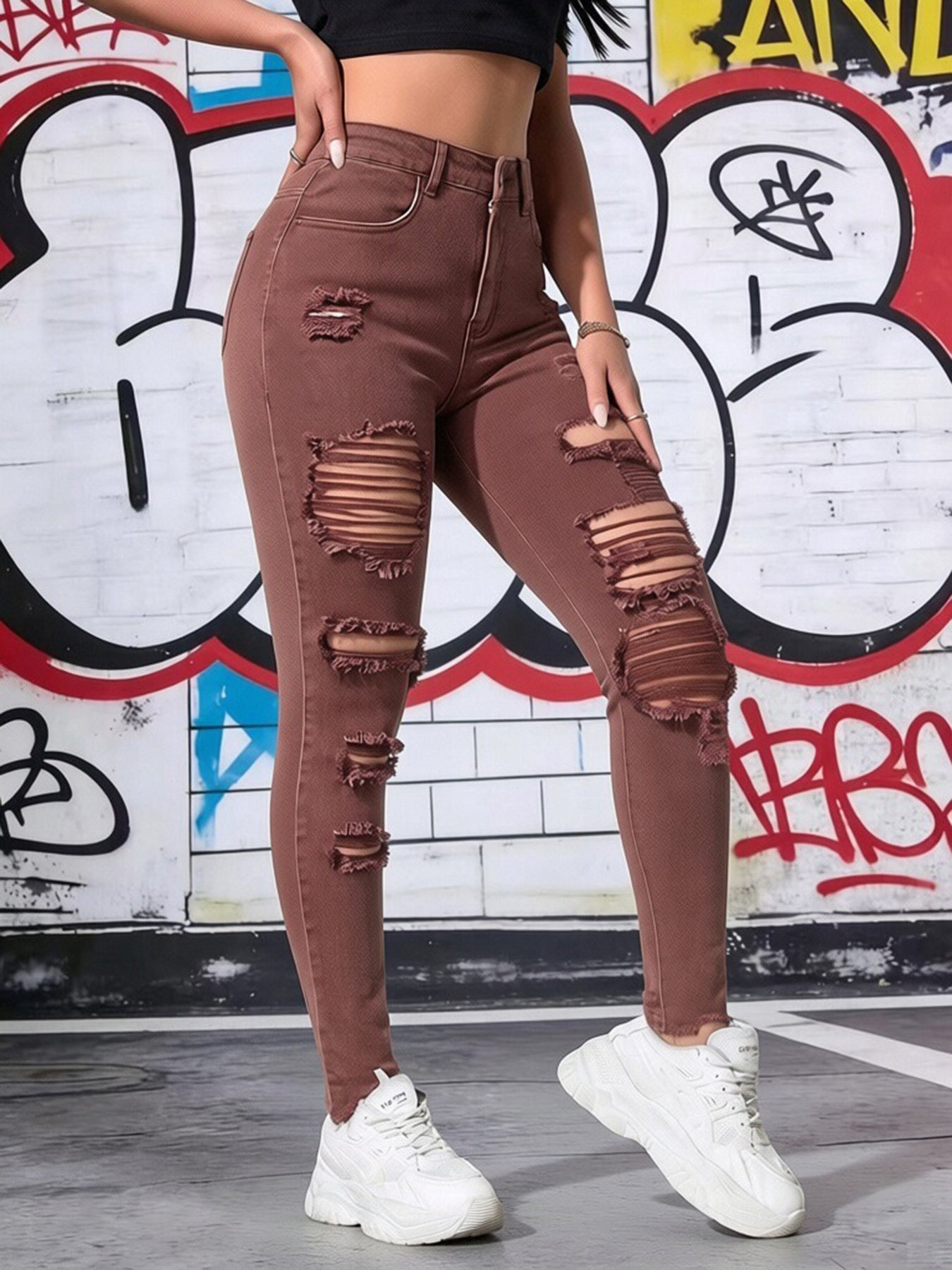 Women's High Waist Brown Ripped Skinny Jeans by Royal Closet